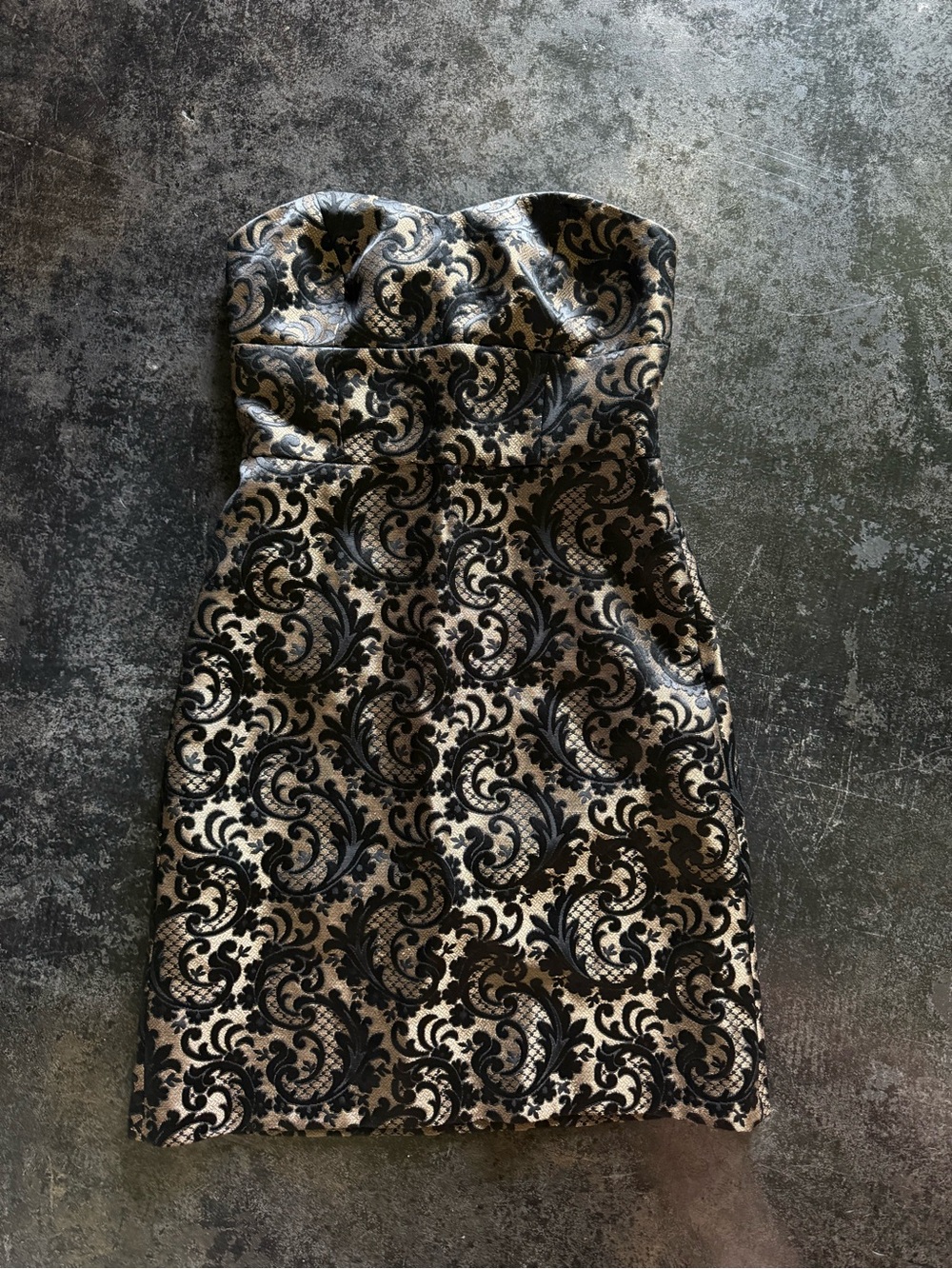 Ann Taylor Loft Petite Strapless Black and Gold Jacquard Sheath Dress